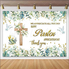 Lofaris Happy Pastor Appreciation Day Backdrop Wooden Cross with Lilies and Doves Church Decoration