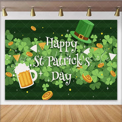 Lofaris Happy St. Patrick’s Day Backdrop Clover Leaves with Beer and Lucky Coins Festive Background
