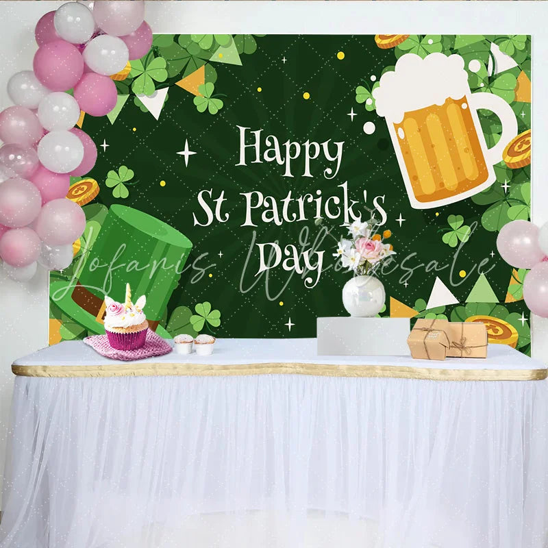 Lofaris Happy St. Patrick’s Day Backdrop Green Top Hat and Beer Mug with Gold Coins Clover Decor