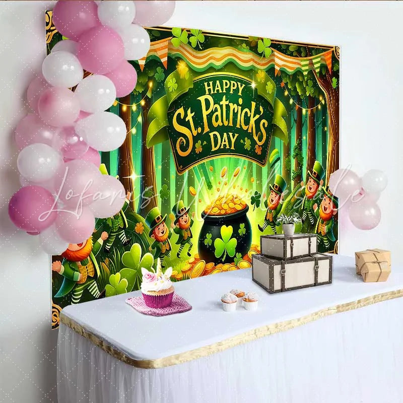 Lofaris Happy St Patricks Day Backdrop Lucky Leprechauns and Pot of Gold Party Banner