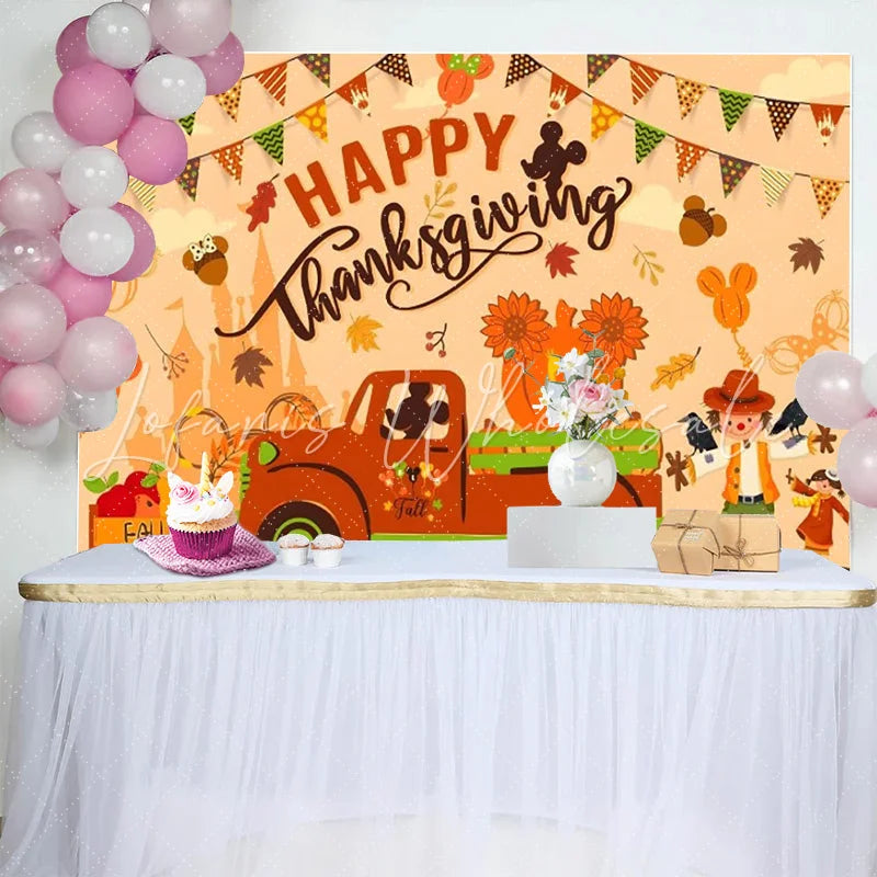 Lofaris Happy Thanksgiving Backdrop Fall Harvest Pumpkin Truck Background for Party Cartoon Mouse Maple Leaves Photo Booth