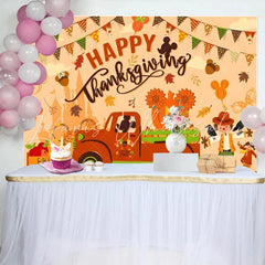 Lofaris Happy Thanksgiving Backdrop Fall Harvest Pumpkin Truck Background for Party Cartoon Mouse Maple Leaves Photo Booth