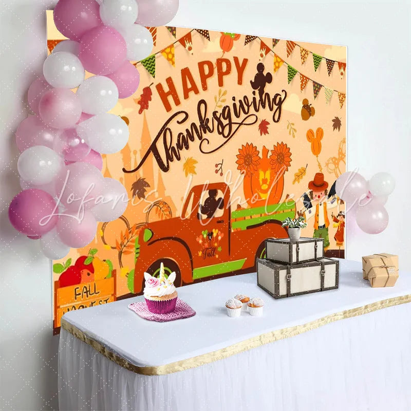 Lofaris Happy Thanksgiving Backdrop Fall Harvest Pumpkin Truck Background for Party Cartoon Mouse Maple Leaves Photo Booth