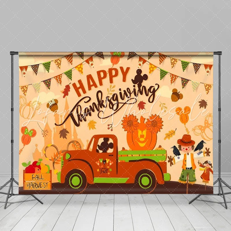 Lofaris Happy Thanksgiving Backdrop Fall Harvest Pumpkin Truck Background for Party Cartoon Mouse Maple Leaves Photo Booth