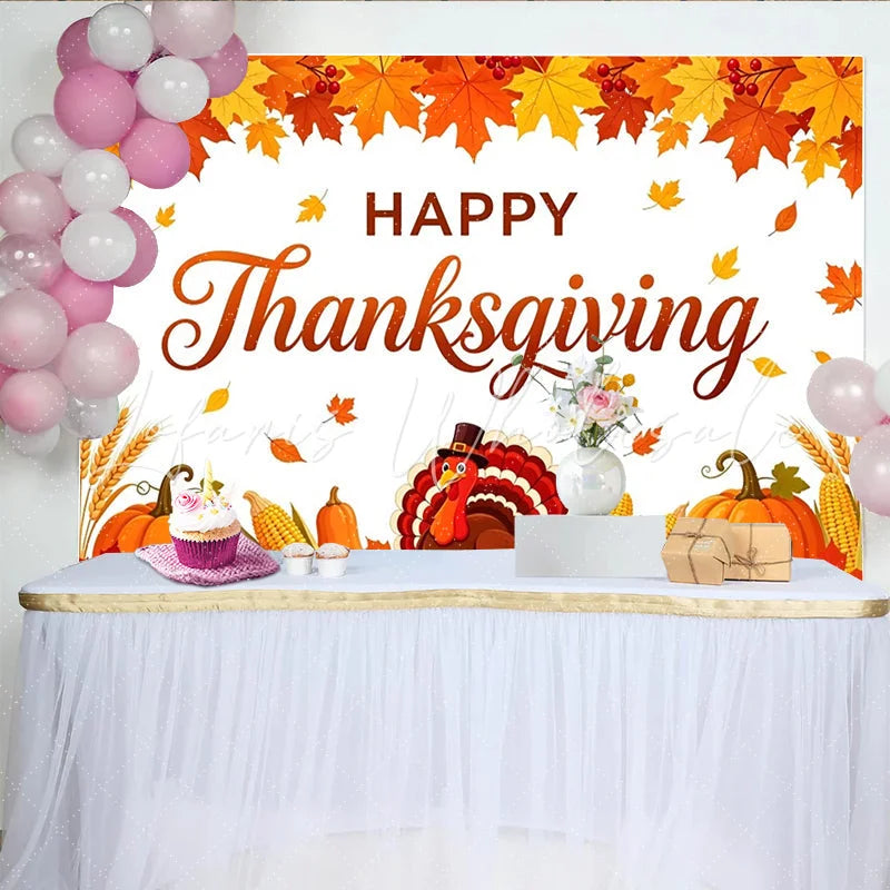 Lofaris Happy Thanksgiving Backdrop with Autumn Leaves and Cartoon Turkey Harvest Festival Photo Background for Family Dinner Party Decor