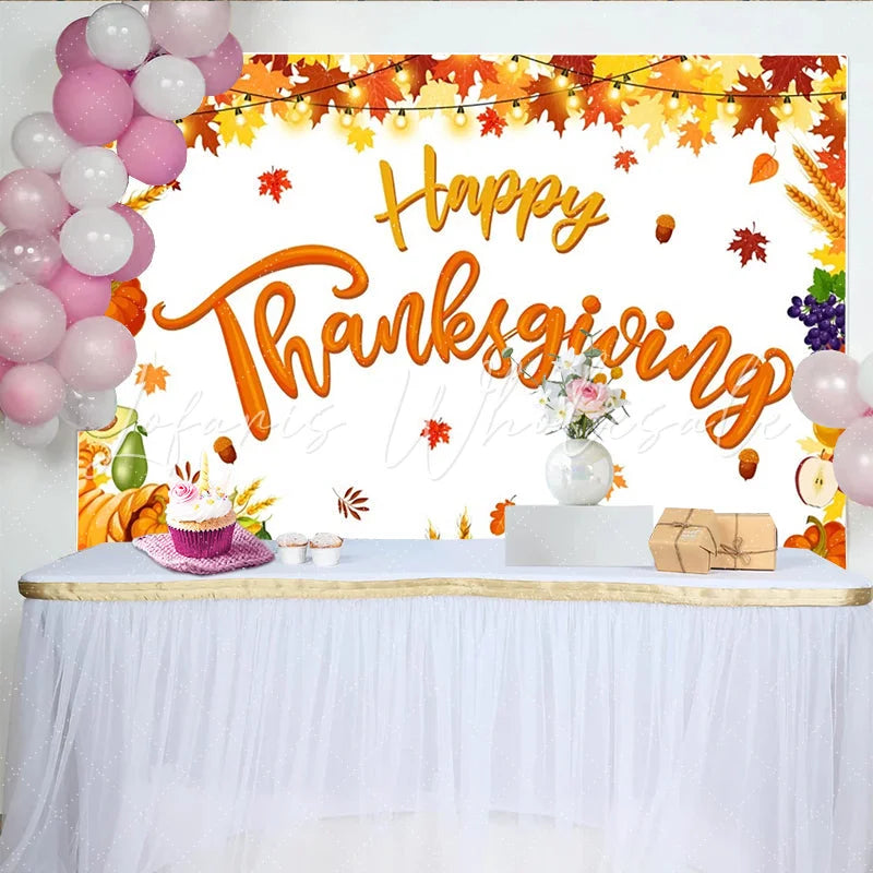 Lofaris Happy Thanksgiving Backdrop with Autumn Leaves and Harvest Elements Festive Fall Photo Background for Family Dinner Party Decor