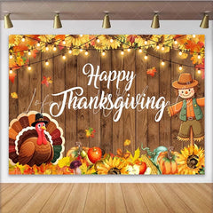 Lofaris Happy Thanksgiving Backdrop with Rustic Wood and Autumn Leaves Turkey Scarecrow Fall Harvest Background for Autumn Party Decor