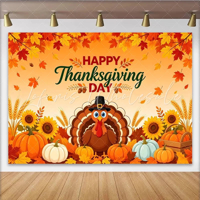 Lofaris Happy Thanksgiving Day Backdrop with Cartoon Turkey and Pumpkins Autumn Harvest Photo Background for Family Party Decor