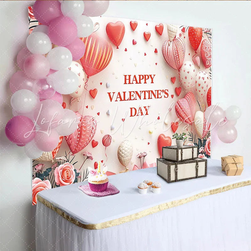 Lofaris Happy Valentine’s Day Party Backdrop with Red Heart Balloons Pink Roses and Romantic Ribbon Decor