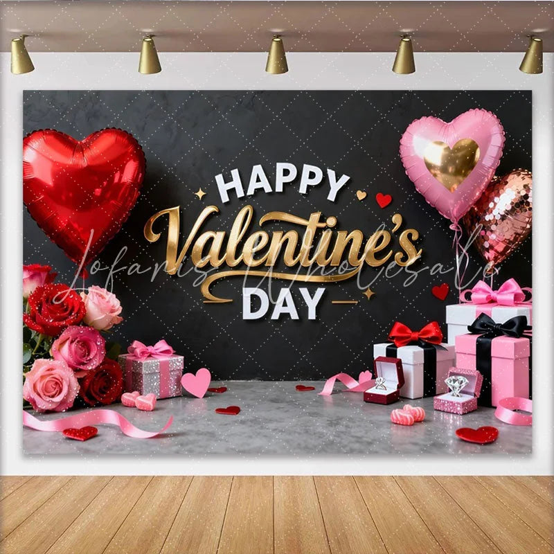 Lofaris Happy Valentine’s Day Black and Gold Party Backdrop with Red Pink Hearts and Roses Romantic Celebration
