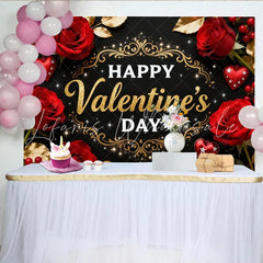 Lofaris Happy Valentine’s Day Party Backdrop with Red Roses and Gold Glitter Hearts Black Background Decor