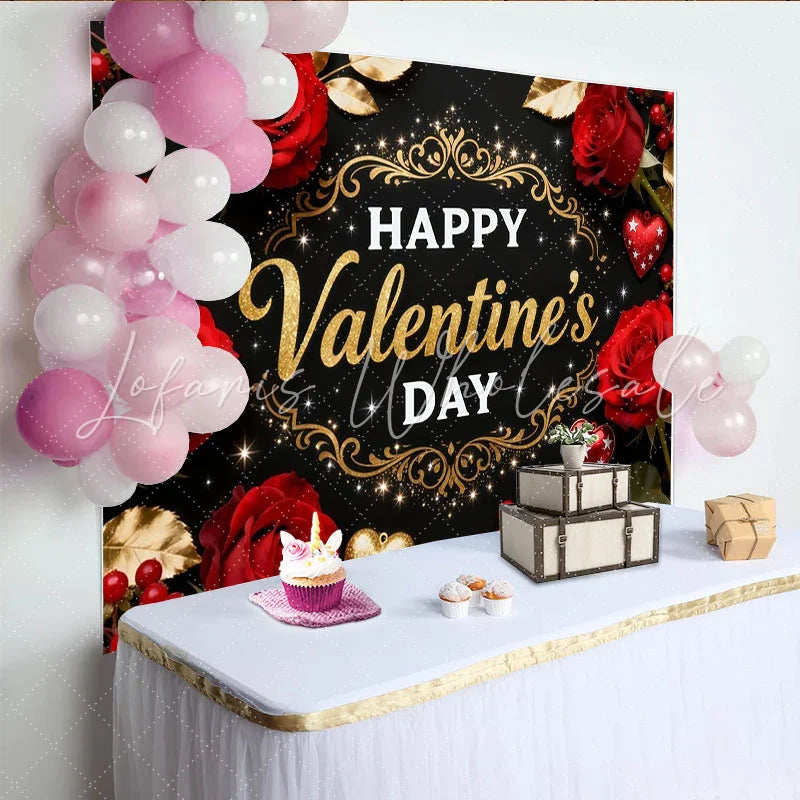 Lofaris Happy Valentine’s Day Party Backdrop with Red Roses and Gold Glitter Hearts Black Background Decor