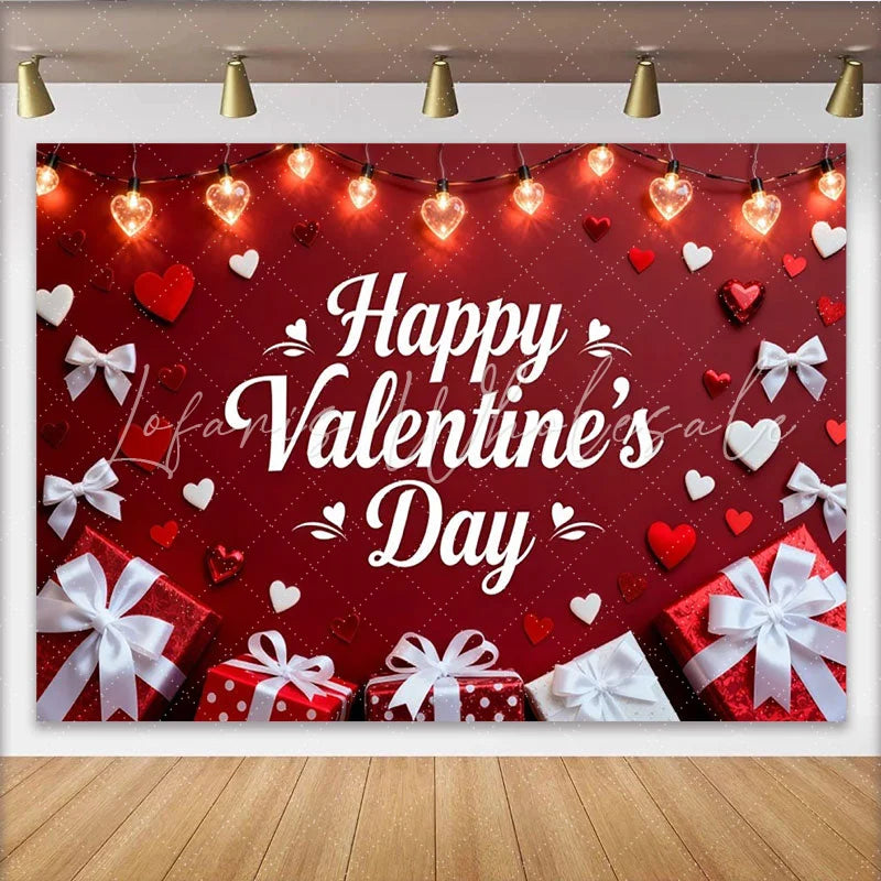 Lofaris Happy Valentine’s Day Red and White Hearts and Gift Boxes Party Backdrop Romantic Love Celebration Decor