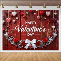Lofaris Happy Valentine’s Day Red Wood Party Backdrop Romantic Hanging Hearts Roses and Elegant Silver Garland Decor