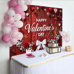 Lofaris Happy Valentine’s Day Red Wood Party Backdrop Romantic Hanging Hearts Roses and Elegant Silver Garland Decor