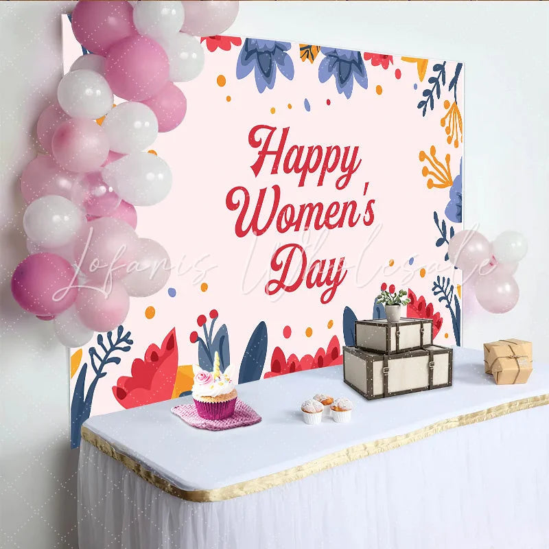 Lofaris Happy Womens Day Backdrop Colorful Floral Border Frame International Womens Day Celebration
