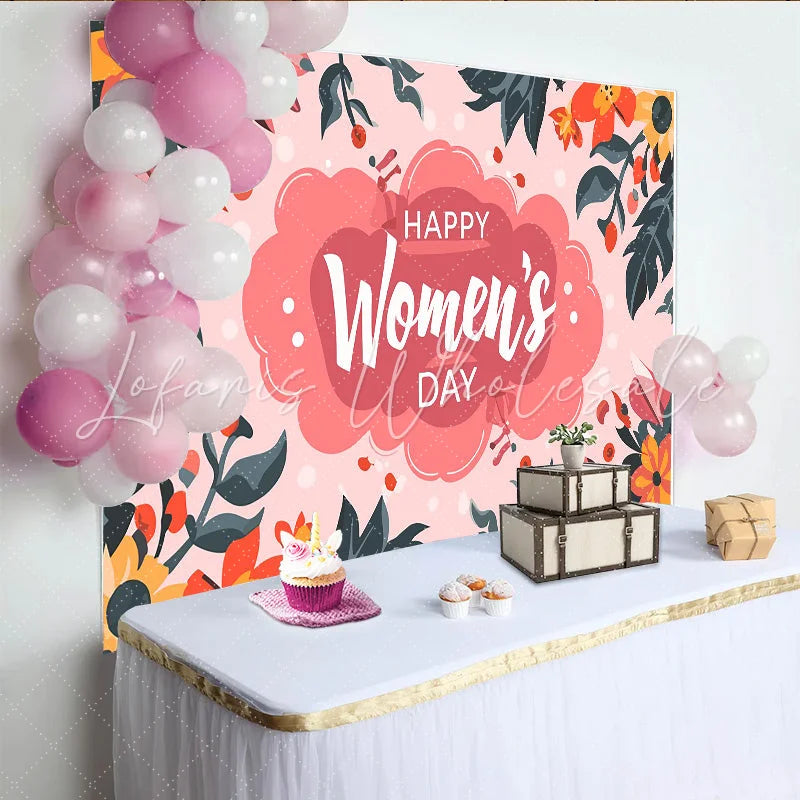Lofaris Happy Womens Day Backdrop Vibrant Pink Cloud and Floral Border International Womens Day Banner