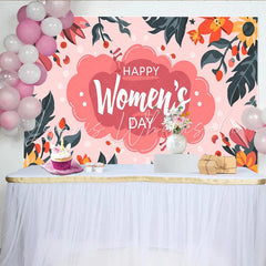 Lofaris Happy Womens Day Backdrop Vibrant Pink Cloud and Floral Border International Womens Day Banner