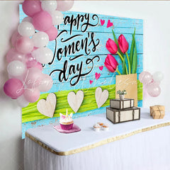 Lofaris Happy Womens Day Tulip Photography Backdrop Blue Wood and Hearts Photo Background