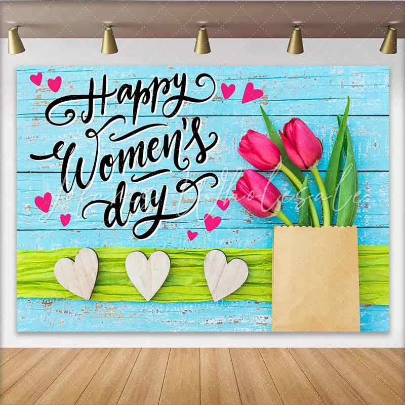 Lofaris Happy Womens Day Tulip Photography Backdrop Blue Wood and Hearts Photo Background