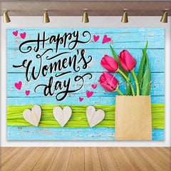 Lofaris Happy Womens Day Tulip Photography Backdrop Blue Wood and Hearts Photo Background