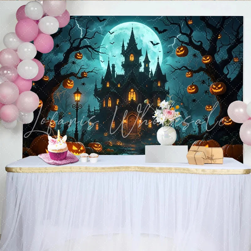Lofaris Haunted Castle Halloween Backdrop with Full Moon and Jack-o’-Lanterns Eerie Night Party Decor Background for Photoshoots