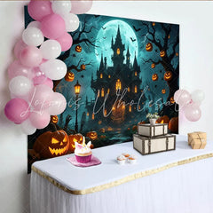 Lofaris Haunted Castle Halloween Backdrop with Full Moon and Jack-o’-Lanterns Eerie Night Party Decor Background for Photoshoots