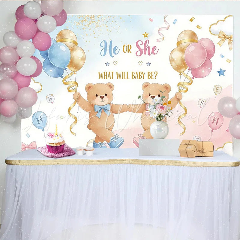Lofaris He or She Teddy Bear Baby Shower Backdrop Blue and Pink Balloons Party Background for Gender Reveal Photoshoot.