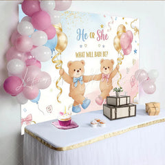 Lofaris He or She Teddy Bear Baby Shower Backdrop Blue and Pink Balloons Party Background for Gender Reveal Photoshoot.
