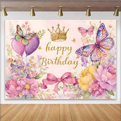 Lofaris Heart Balloon Birthday Backdrop Watercolor Butterfly Crown Background Sweet Girl Party Photography Prop