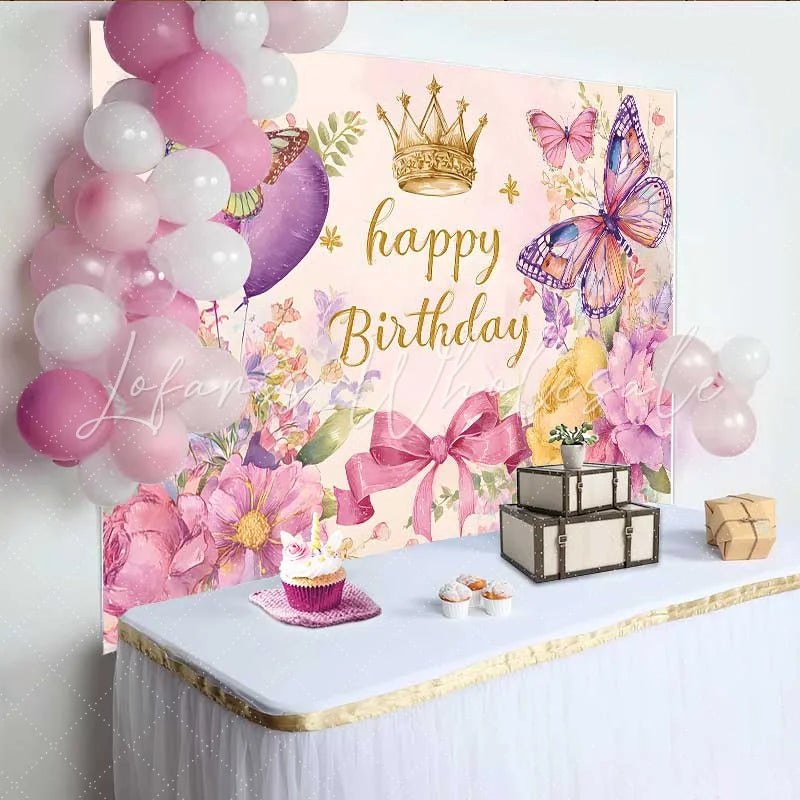 Lofaris Heart Balloon Birthday Backdrop Watercolor Butterfly Crown Background Sweet Girl Party Photography Prop
