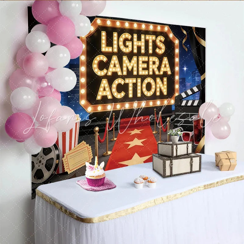 Lofaris Hollywood Movie Premiere Birthday Backdrop Lights Camera Action Red Carpet Gold Star Theme for Party Photo Booth