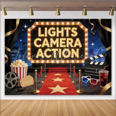 Lofaris Hollywood Movie Premiere Birthday Backdrop Lights Camera Action Red Carpet Gold Star Theme for Party Photo Booth