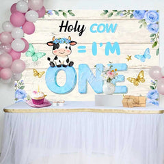 Lofaris Holy Cow I am One Birthday Backdrop Blue Floral Cow Theme for Boy 1st Birthday Cake Smash
