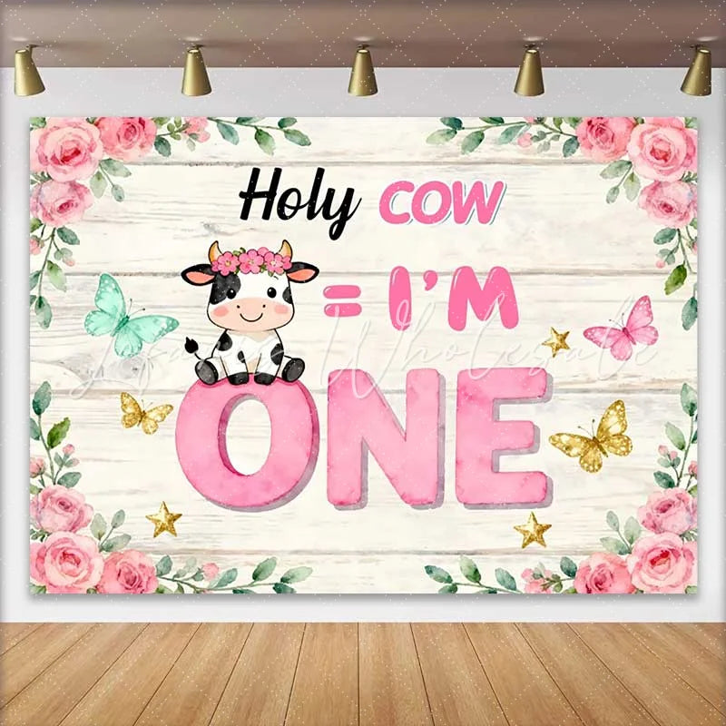 Lofaris Holy Cow I am One Birthday Backdrop Pink Floral Cow Theme for Girl 1st Birthday Cake Smash