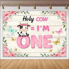 Lofaris Holy Cow I am One Birthday Backdrop Pink Floral Cow Theme for Girl 1st Birthday Cake Smash