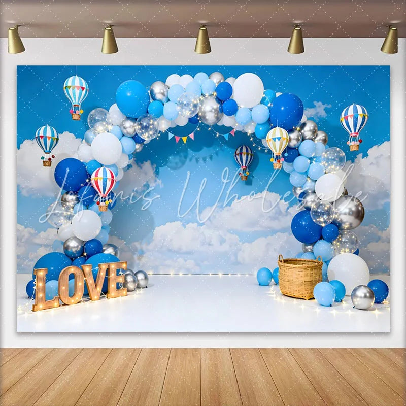 Lofaris Hot Air Balloon Theme Cake Smash Backdrop LOVE Marquee Sign and Blue Sky Clouds Background