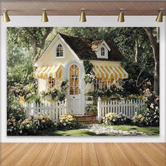 Lofaris Idyllisches Gelbes Häuschen Blumen Garten Zaun Partyhintergrund für Kindergeburtstage und Babypartys
