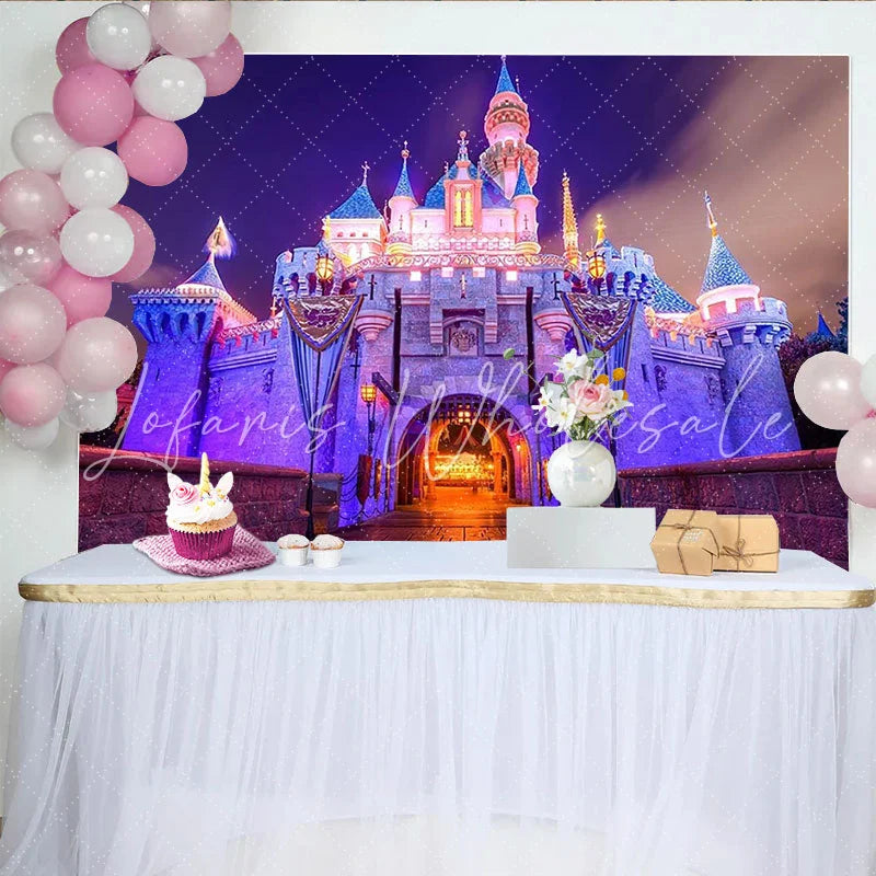 Lofaris Illuminated Fairytale Castle Photography Backdrop with Purple and Pink Lights Enchanting Night Scene Background for Party Decor