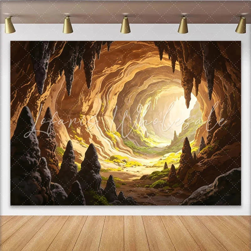 Lofaris Illuminated Fantasy Cave Photography Backdrop with Stalactites and Green Moss Vibrant Adventure Theme Background for Studio