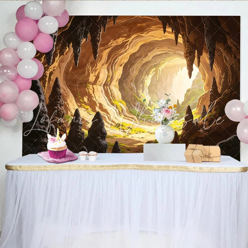 Lofaris Illuminated Fantasy Cave Photography Backdrop with Stalactites and Green Moss Vibrant Adventure Theme Background for Studio