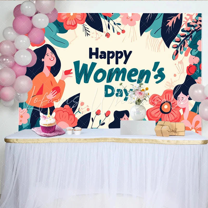 Lofaris Illustrated Womens Day Backdrop Smiling Women and Giant Flowers Empowerment Celebration Banner