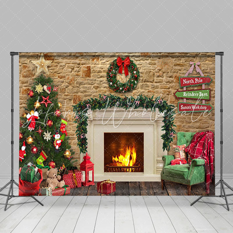 Lofaris Indoor Christmas Scene Lit Fireplace Tree Backdrop