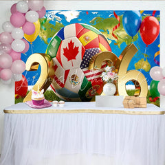 Lofaris International Soccer Game Backdrop with Golden 2026 and Flags World Map Party Decoration for Sports Fans