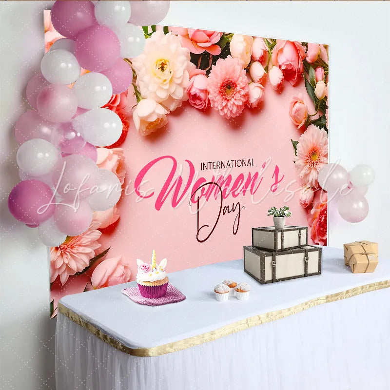 Lofaris International Womens Day Backdrop Pink and White Floral Frame Professional Flower Party Banner