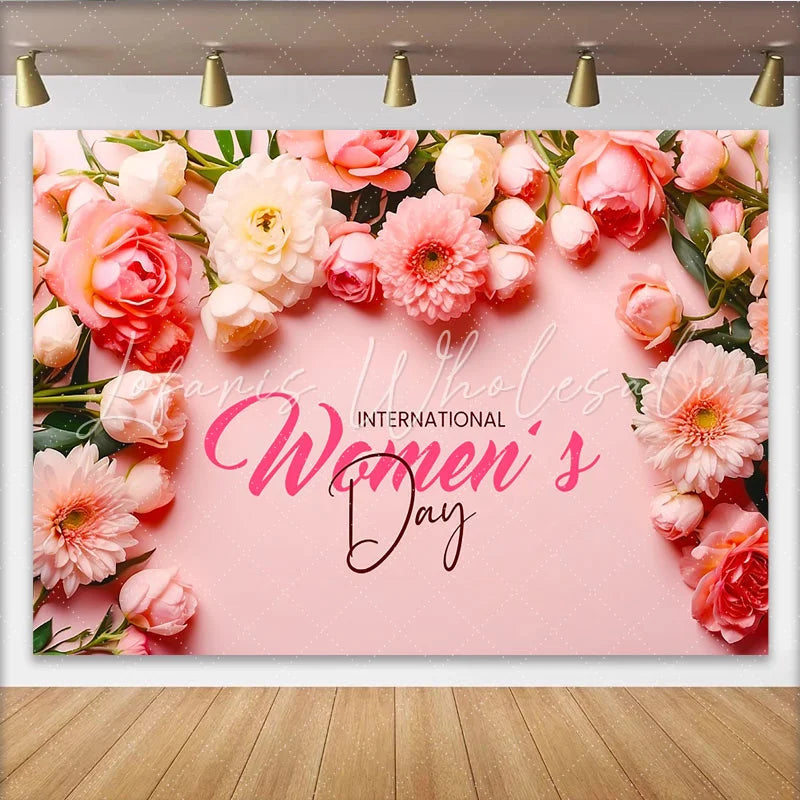 Lofaris International Womens Day Backdrop Pink and White Floral Frame Professional Flower Party Banner