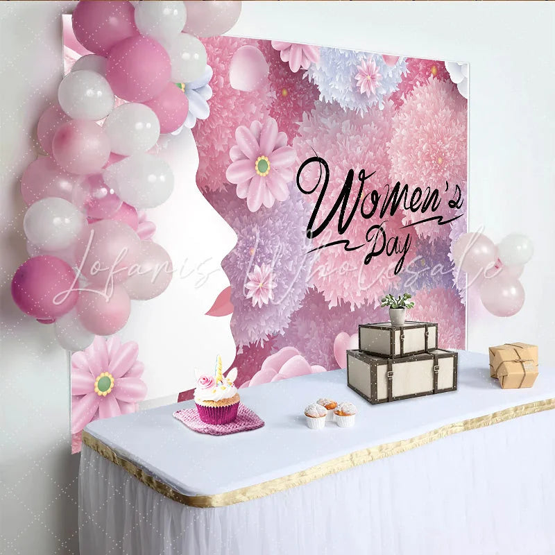 Lofaris International Womens Day Backdrop Pink Floral Woman Profile Silhouette Spring Flower Party Banner