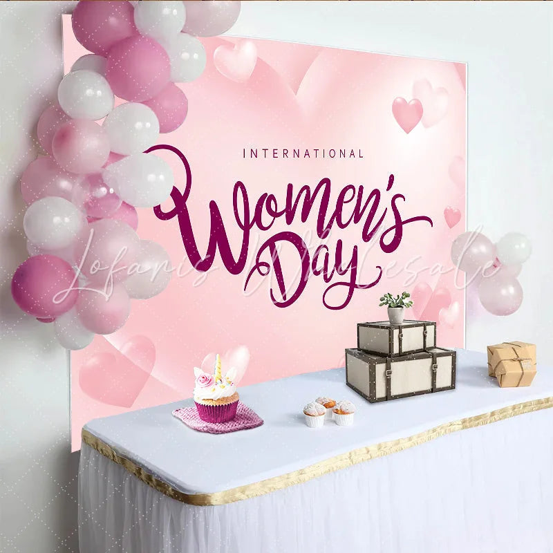 Lofaris International Womens Day Pink Hearts Backdrop Romantic 3D Style Party Decor Soft Love Celebration Background