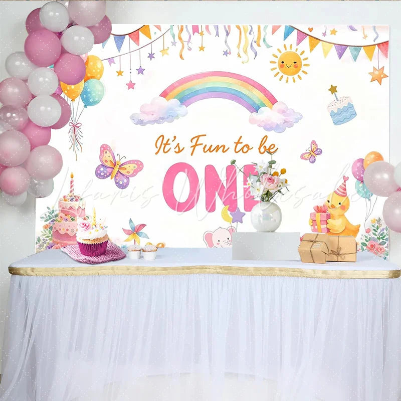 Lofaris It’s Fun to be ONE Cartoon 1st Birthday Backdrop with Rainbow and Balloons Cute Animal Cake Smash Background for Baby Party Decor