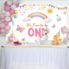 Lofaris It’s Fun to be ONE Cartoon 1st Birthday Backdrop with Rainbow and Balloons Cute Animal Cake Smash Background for Baby Party Decor